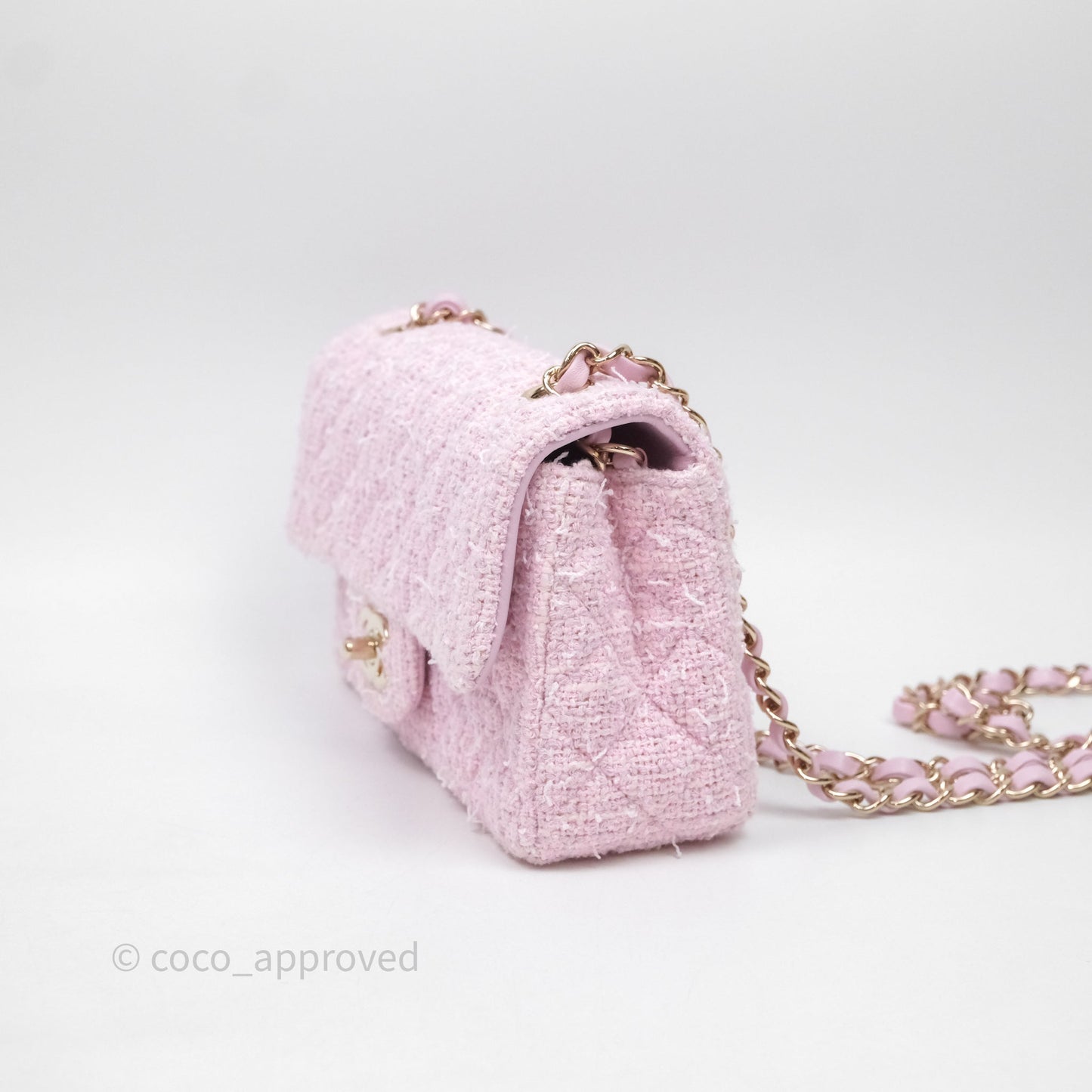 Chanel Classic Mini Rectangular Flap Pink Tweed Gold Hardware