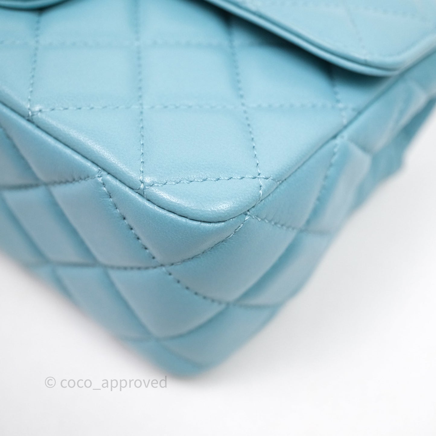 Chanel Flap Bag with Crystal Logo Top Handle Tiffany Blue Lambskin Aged Gold Hardware
