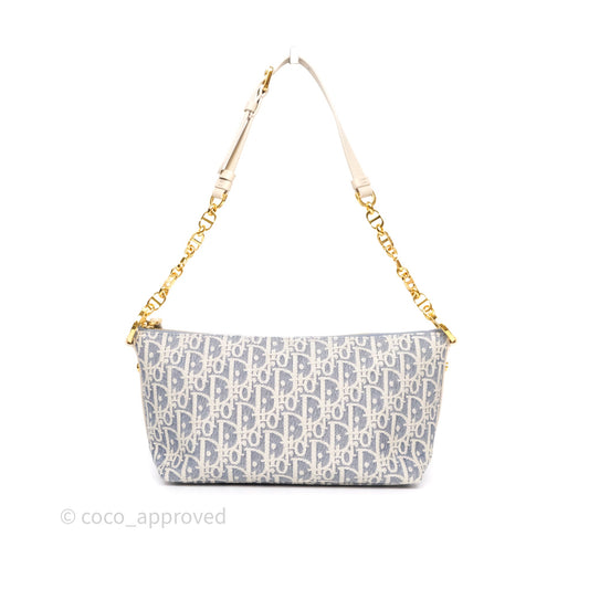 Christian Dior Diorstar Hobo Bag with Chain Blue Dior Oblique Chambray with Raffia Effect
