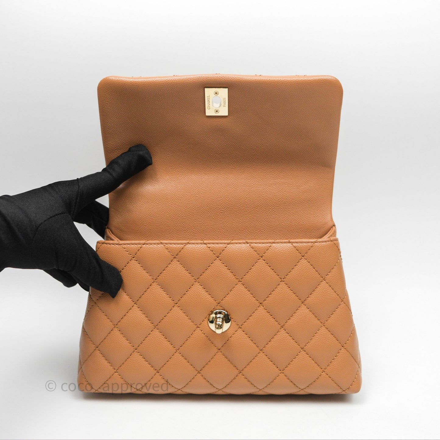 Chanel Small Coco Handle Dark Beige Caramel Caviar Gold Hardware