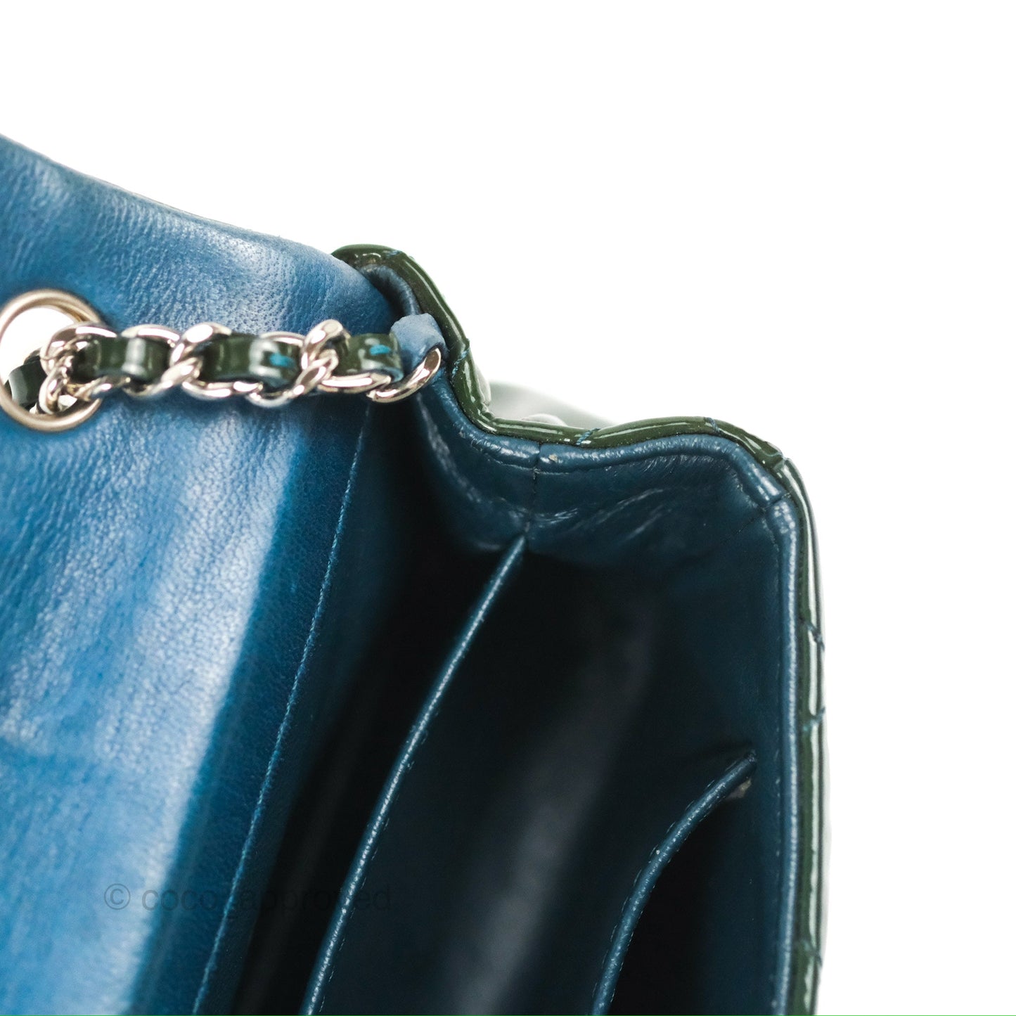 Chanel Quilted Extra Mini Rectangular Flap Teal Patent Silver Hardware