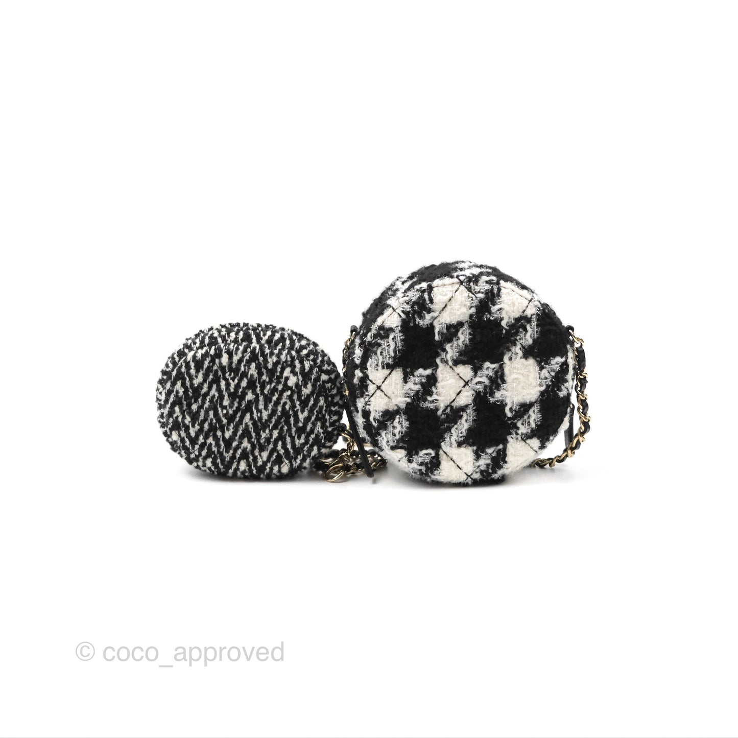 Chanel Shearling CC Round Clutch with Chain & Coin Purse Black & White Houndstooth Tweed