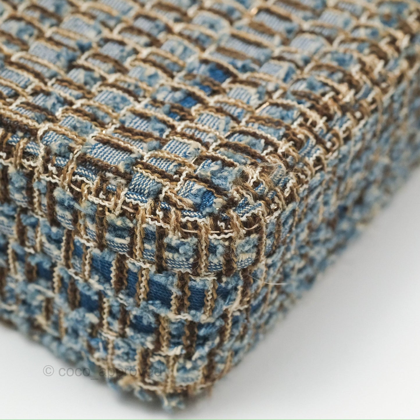 Chanel East West Chocolate Bar Flap Bag Grey Blue Tweed 24K Gold Hardware