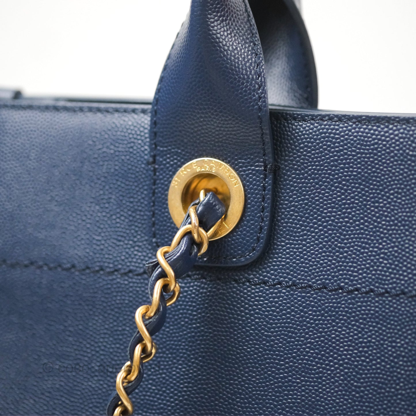 Chanel Small Studded Deauville Tote Navy Caviar Aged Gold Hardware