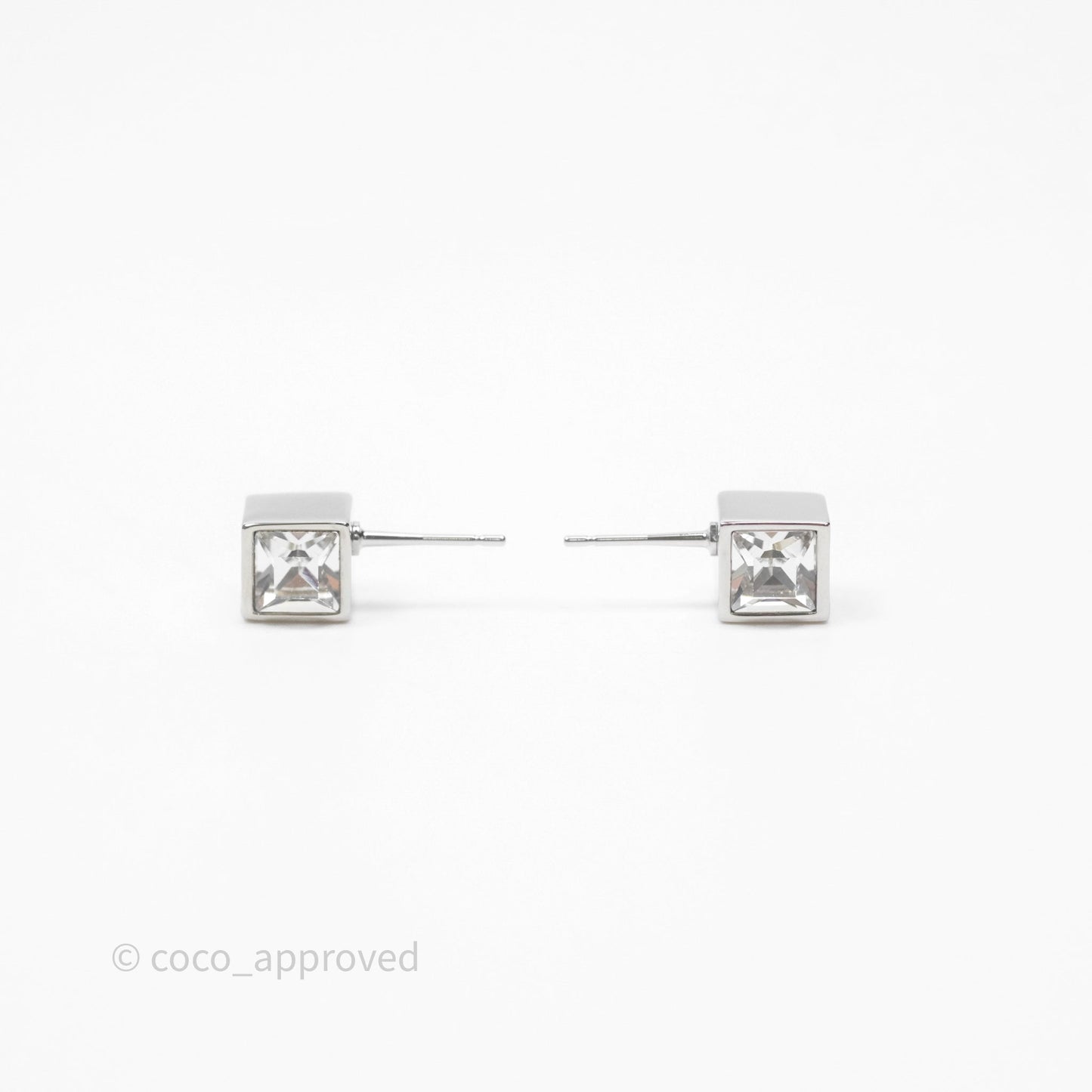 Chanel CC Crystal Square Mini Earrings Silver Tone 25C