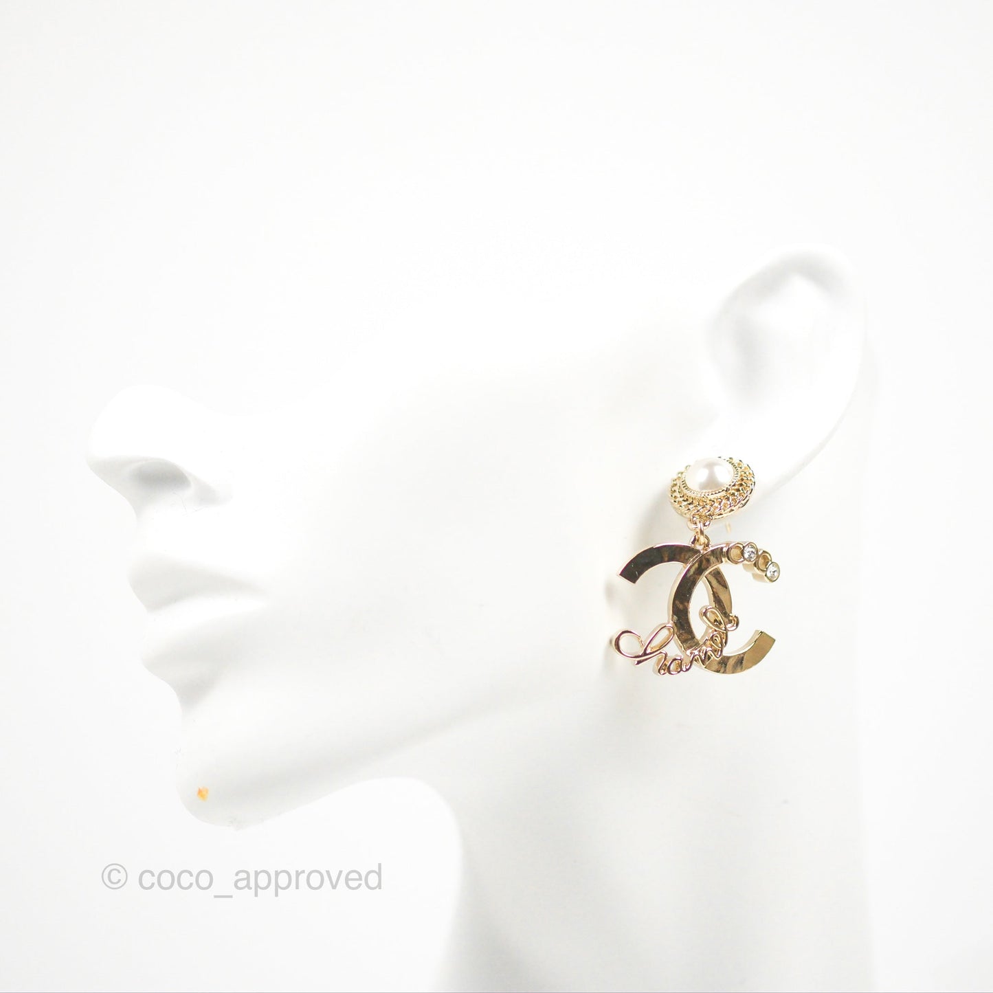 Chanel CC Coco Pearl Drop Earrings Gold Tone 22P