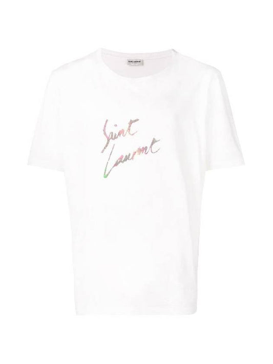 Luxury Saint Laurent Men's Animal Pattern Logo Short Sleeve T-Shirt White
