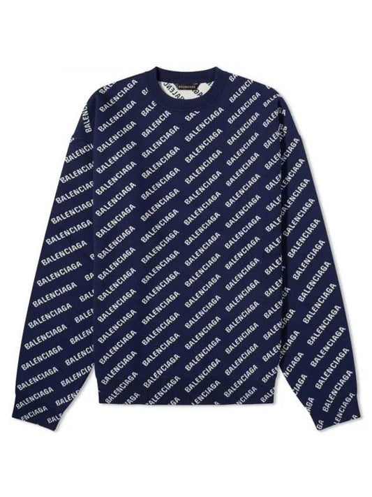 Luxury Balenciaga Allover Logo Crew Sweatshirt Navy