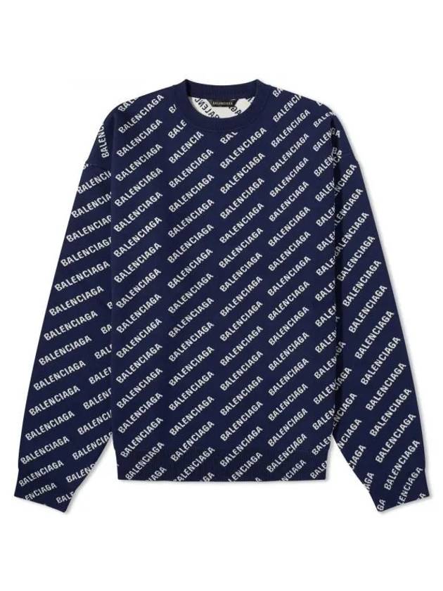 Luxury Balenciaga Allover Logo Crew Sweatshirt Navy