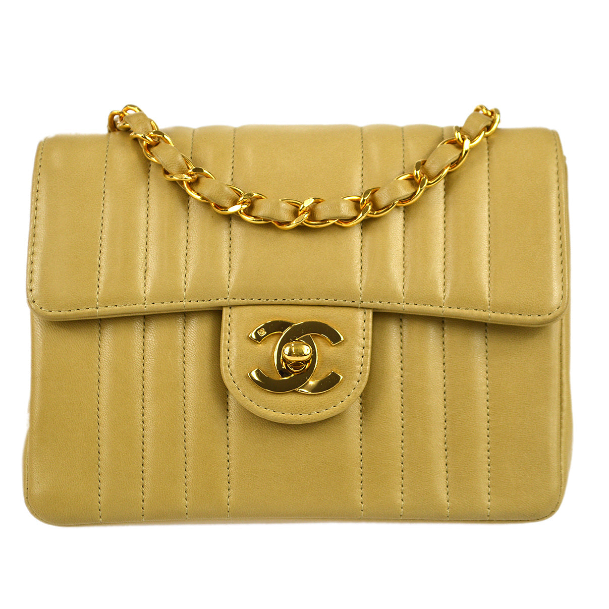 Luxury Chanel * 1991-1994 Beige Lambskin Mini Vertical Stitch Square Flap Bag 17