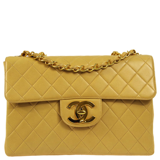 Luxury Chanel Beige Lambskin Jumbo Classic Flap Bag
