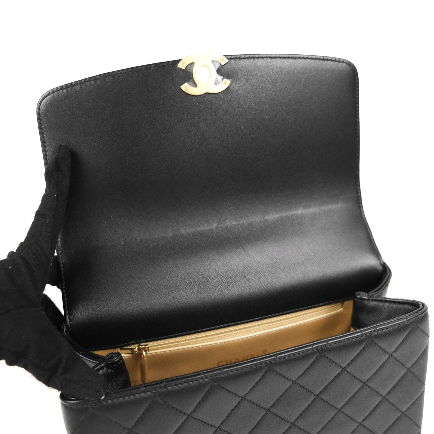 Chanel La Parisienne Top Handle Flap Bag Black Lambskin Aged Gold Hardware