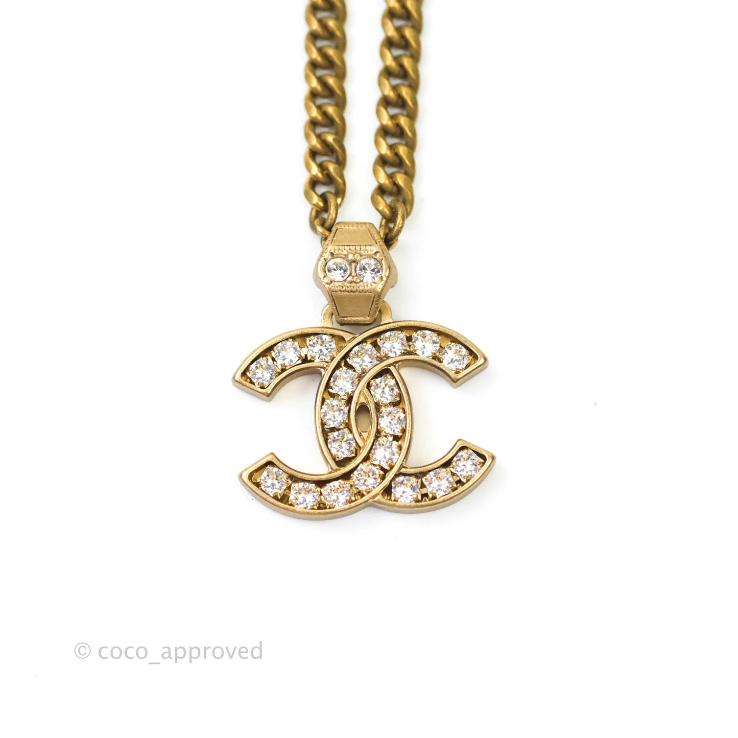 Chanel CC Crystal Pendant Chain Necklace Matte Gold Tone 21C