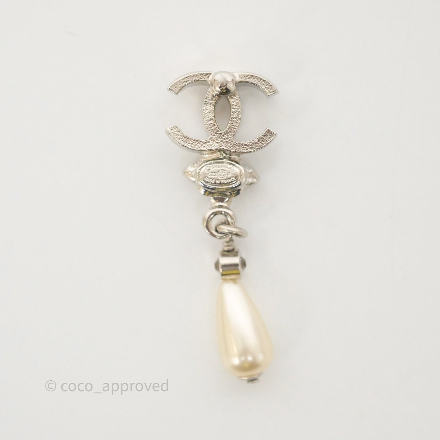 Chanel Crystals CC Tear Pearl Drop Earrings Silver Tone 22P