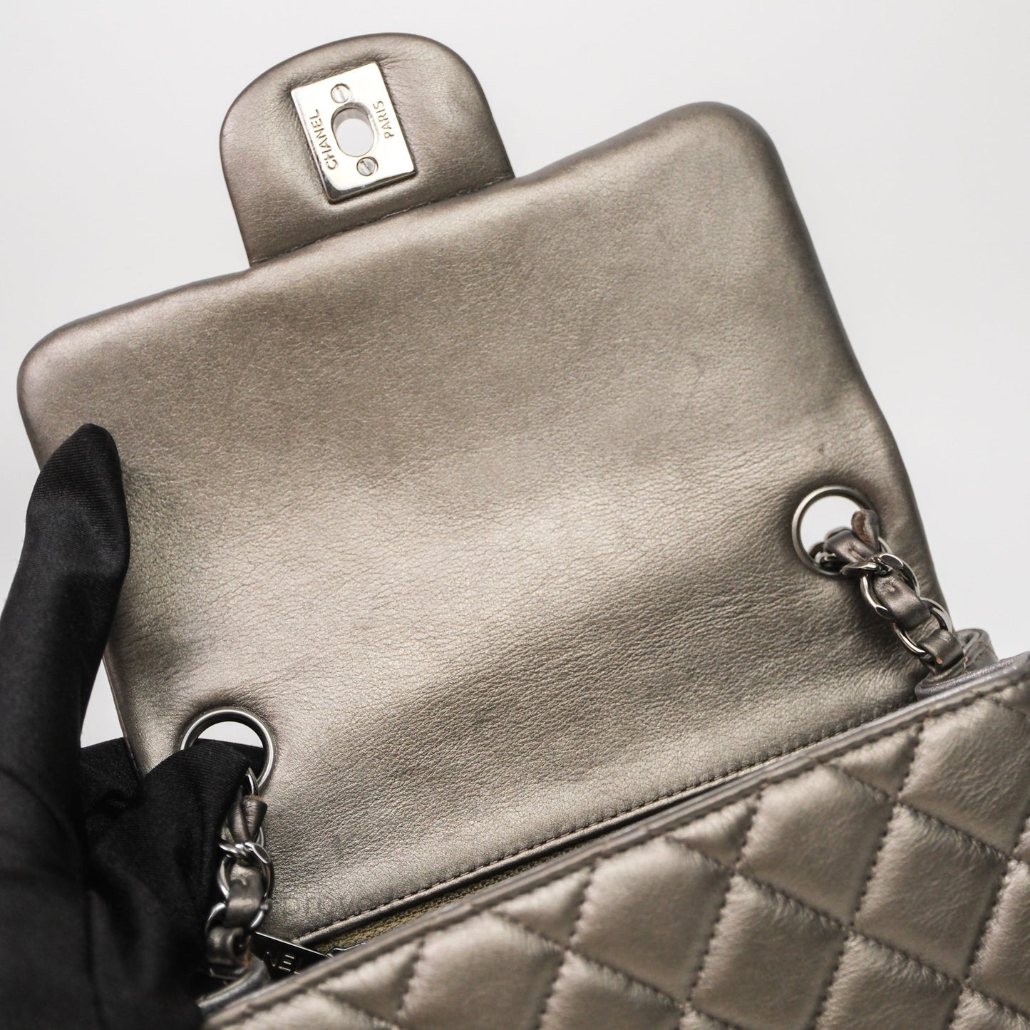 Chanel Mini Square Metallic Dark Grey Lambskin Dark Silver Hardware