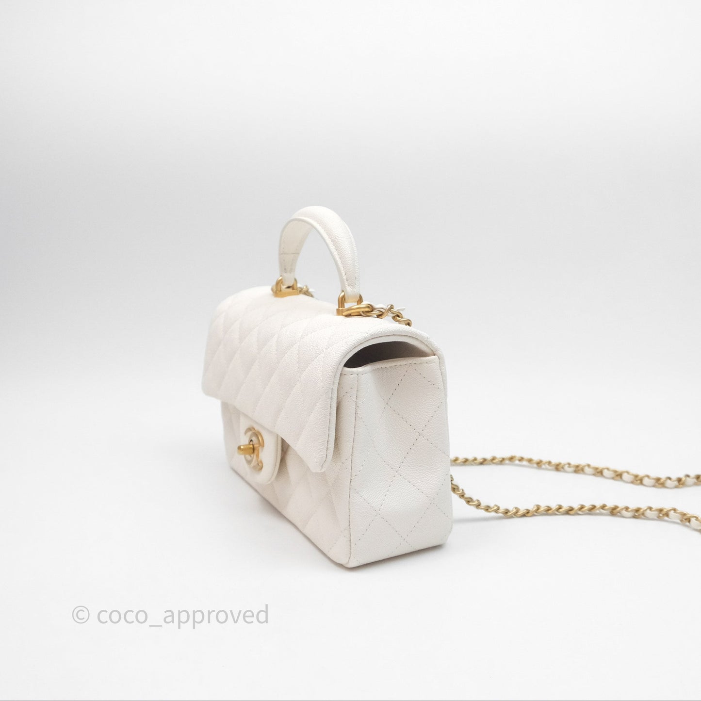 Chanel Top Handle Mini Rectangular Flap Bag Ivory White Caviar Aged Gold Hardware