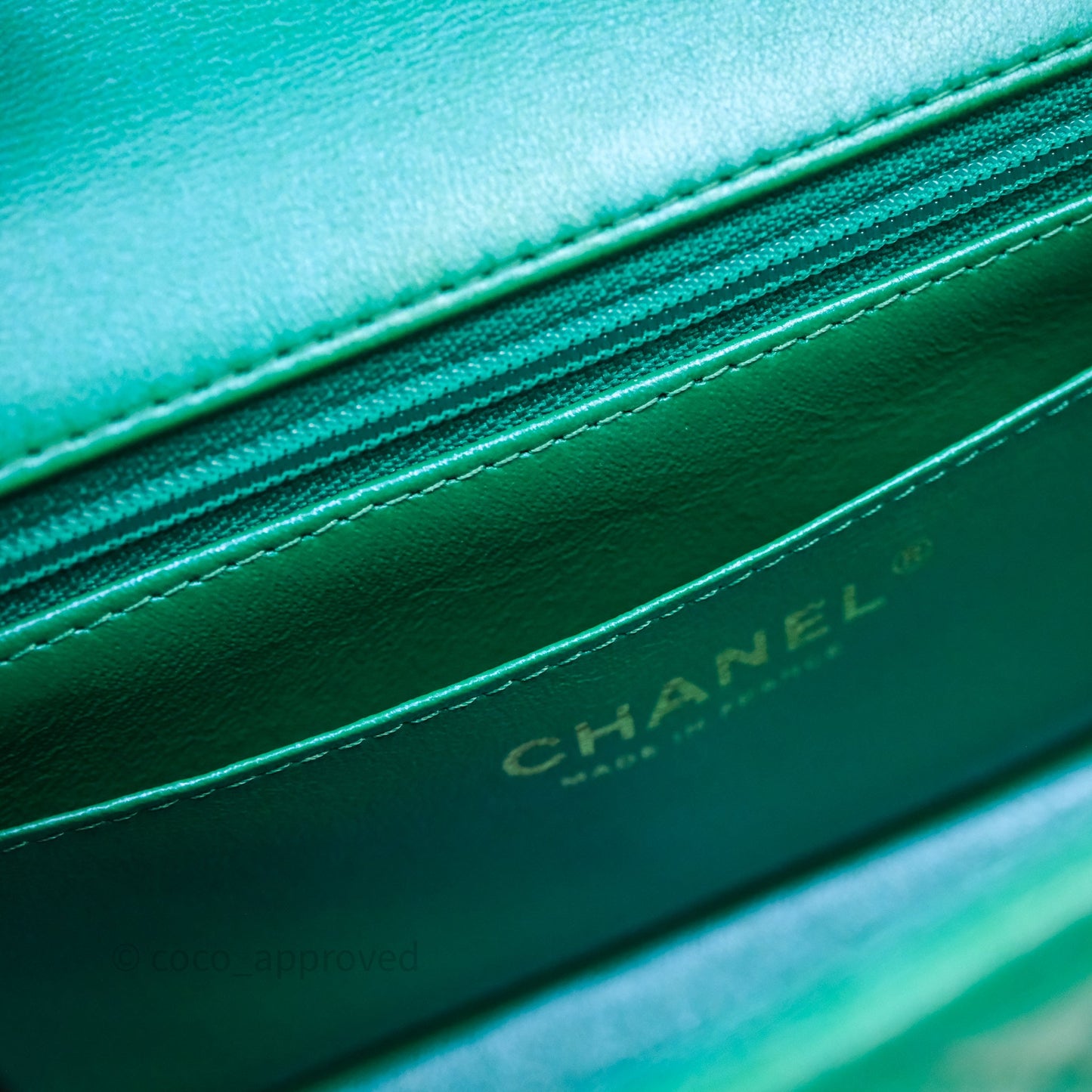 Chanel Top Handle Mini Rectangular Flap Bag Iridescent Green Lambskin Aged Gold Hardware