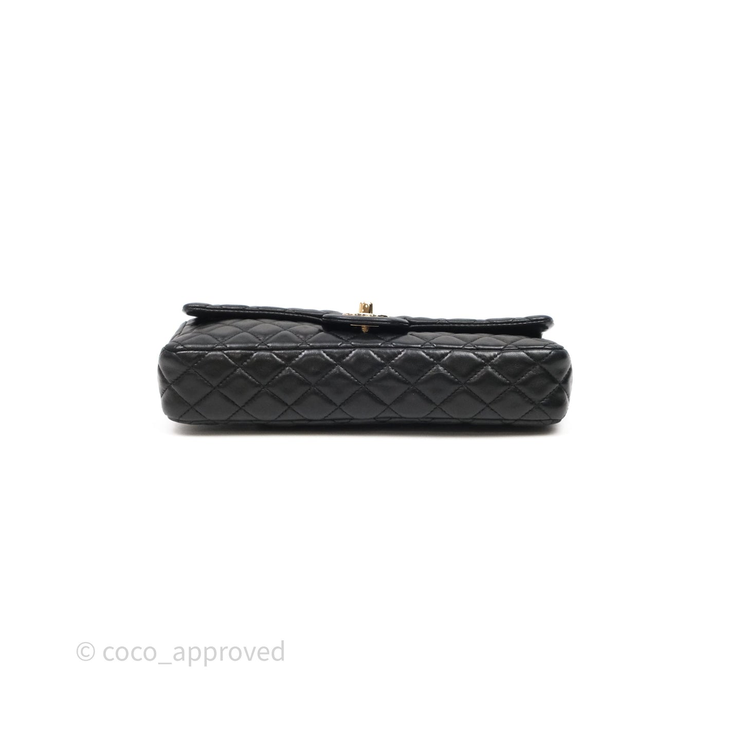 Chanel Quilted East West With Charm Flap Bag Lambskin Black Gold Hardware