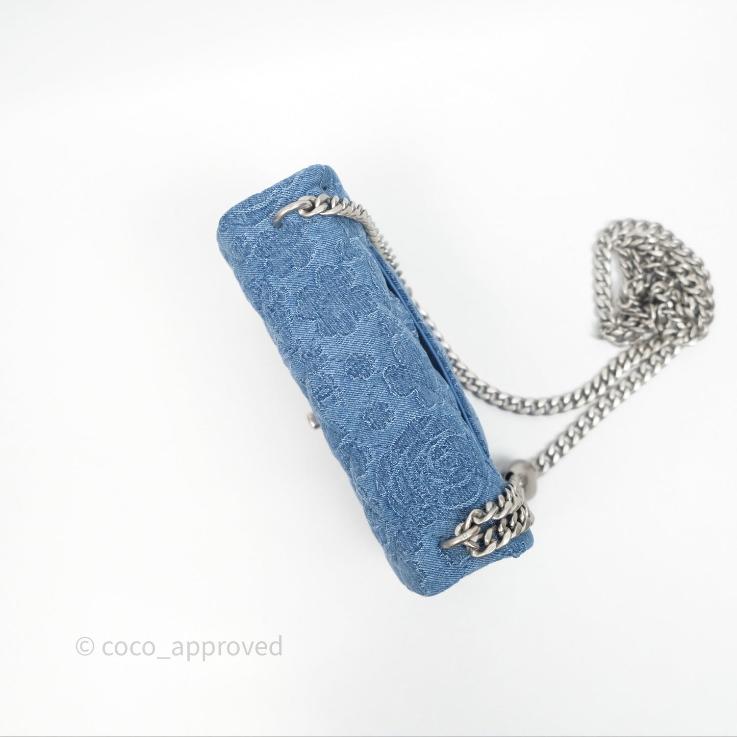 Chanel Quilted Camellia Printed Heart Crush Mini Flap Bag Blue Denim Aged Silver Hardware