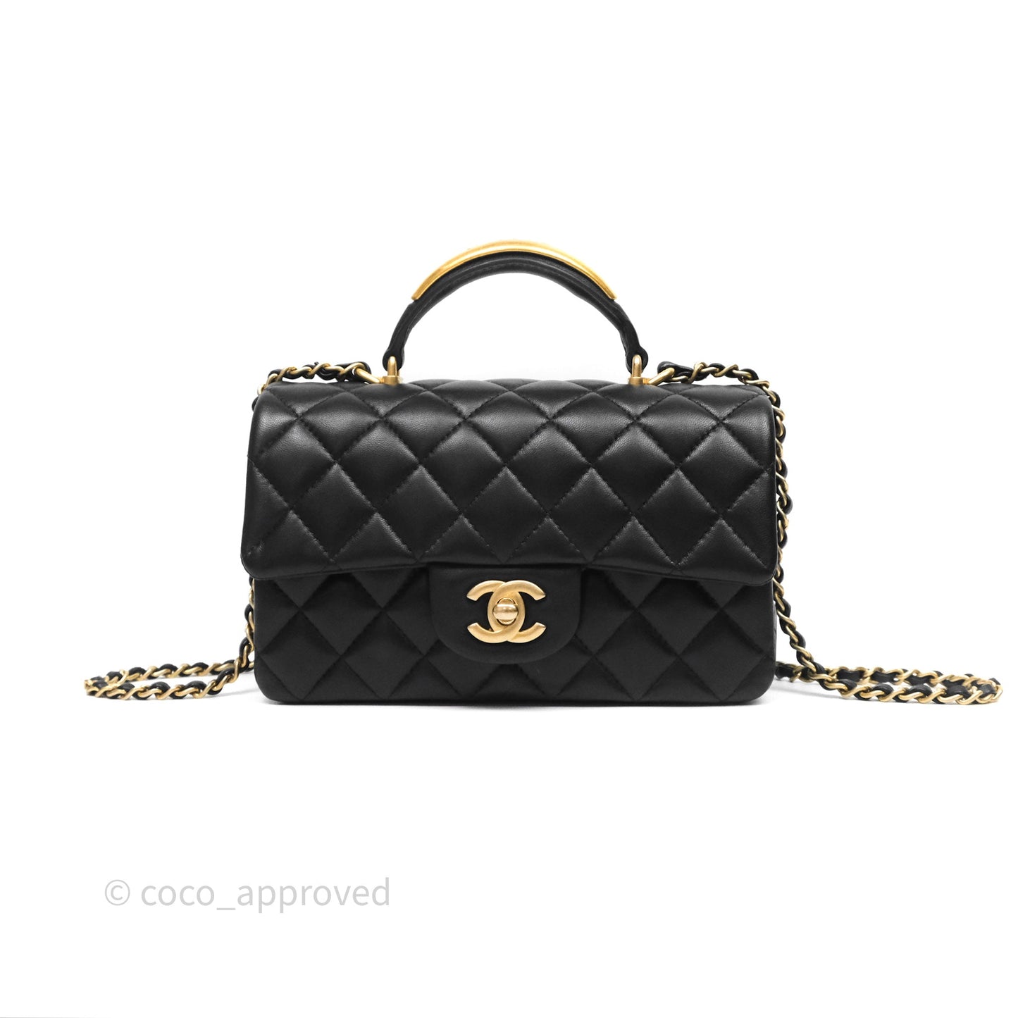 Chanel Metal Top Handle Mini Rectangular Flap Bag Black Lambskin Aged Gold Hardware