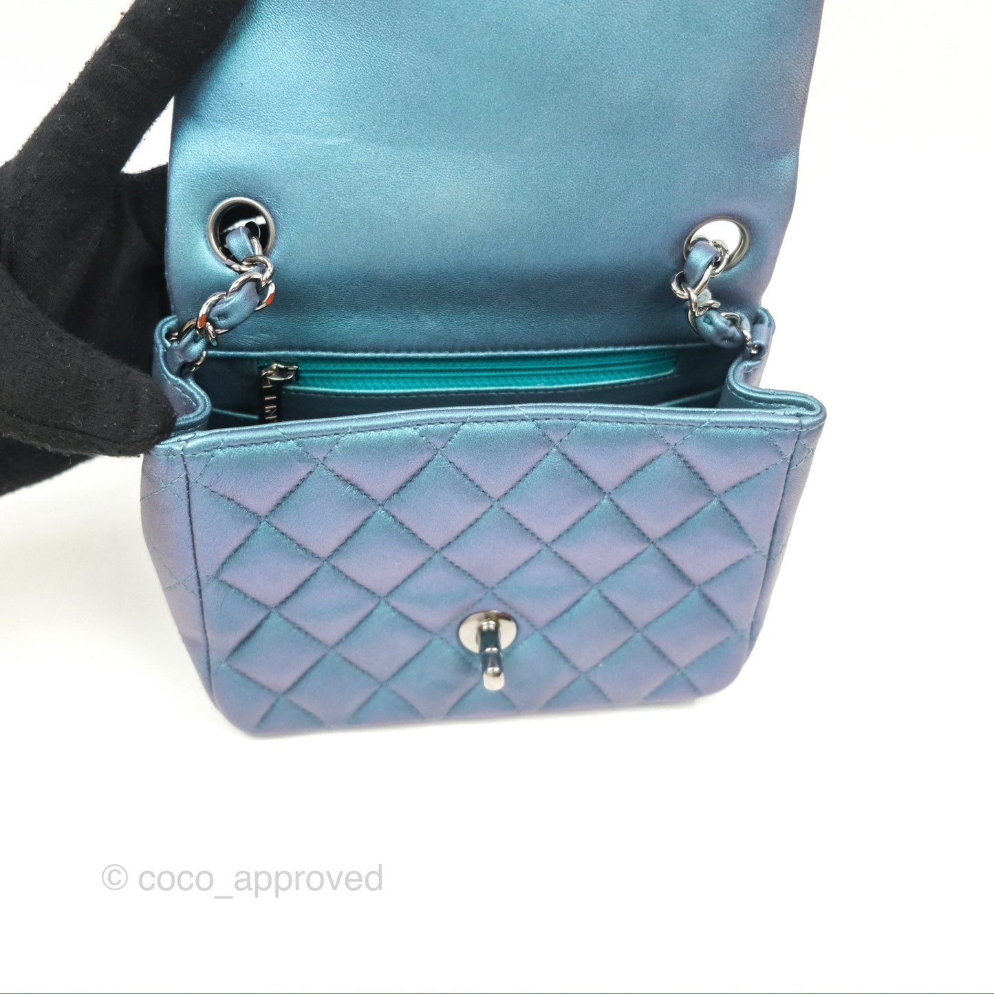 Chanel Mini Square Flap Quilted Iridescent Teal Lambskin Gun Metal