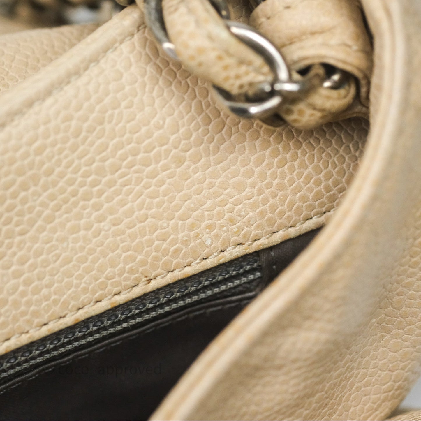 Chanel Quilted Coco Rider Hobo Bag Beige Caviar Ruthenium Hardware
