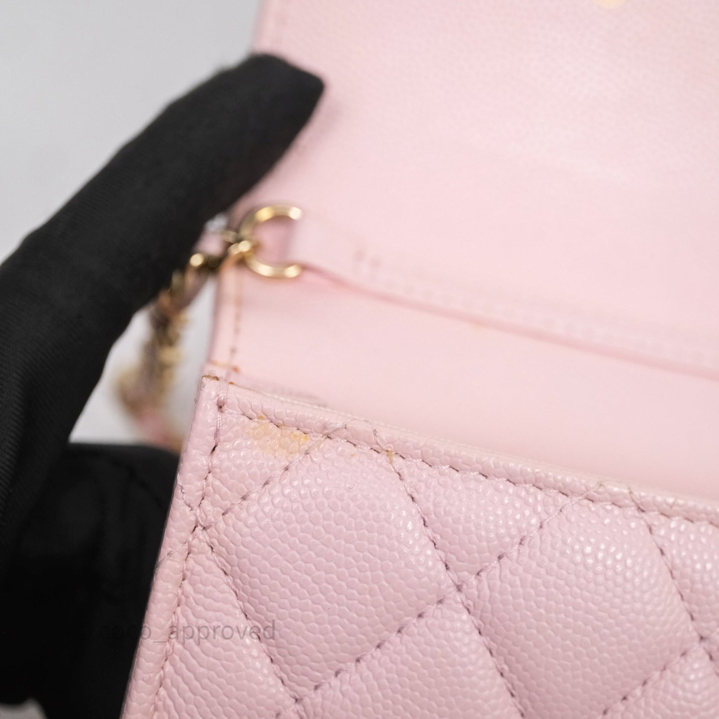 Chanel Quilted Crystal CC Pink Caviar Airpods Phone Case With Chain Light Gold Hardware