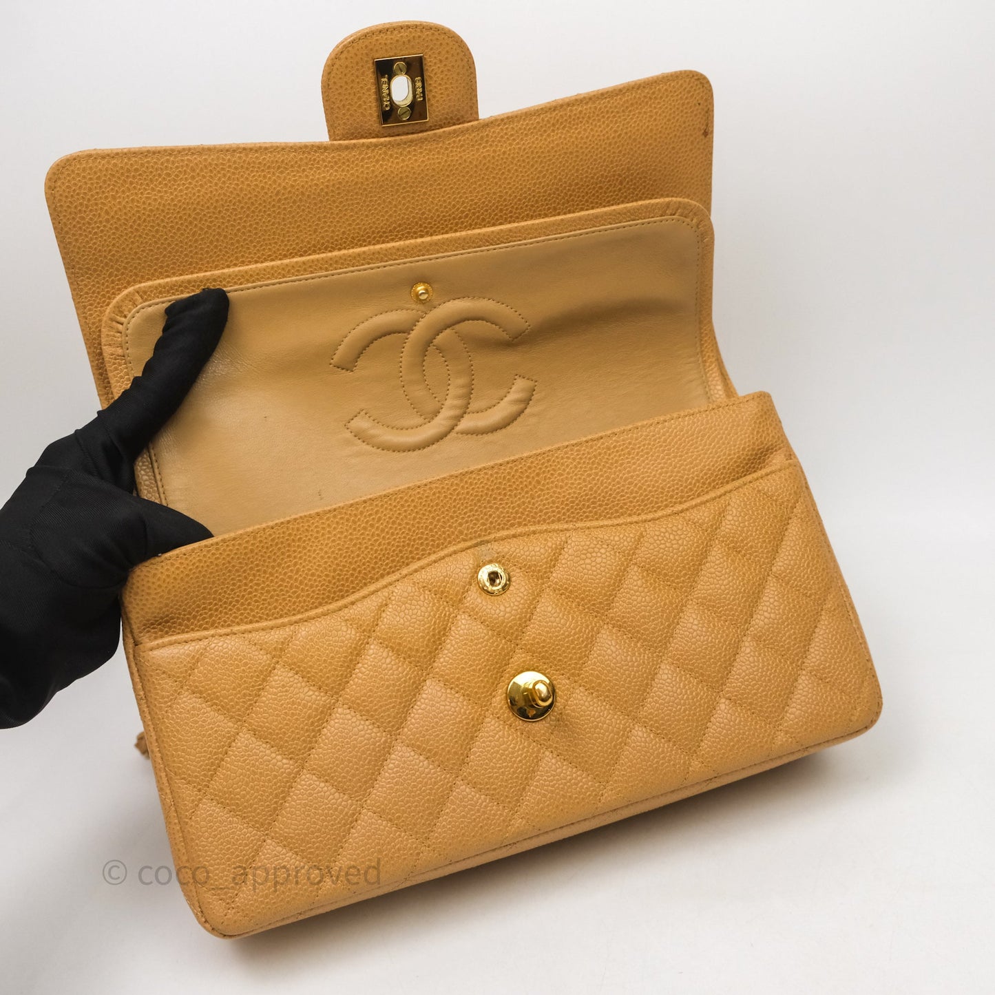 Chanel Vintage Medium Classic Flap Beige Caviar 24K Gold Hardware