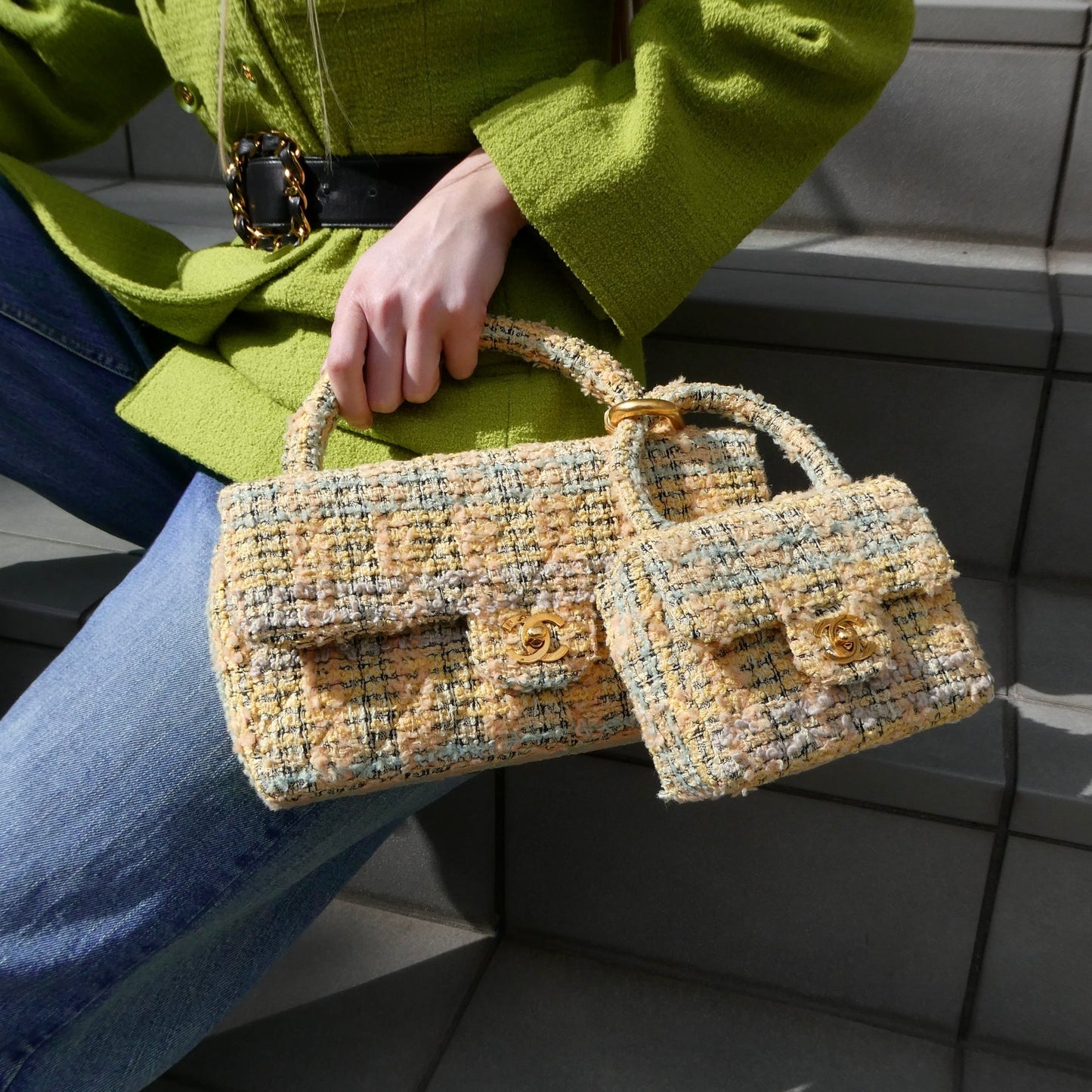 Luxury Chanel 1994 Yellow Tweed Handbag Set