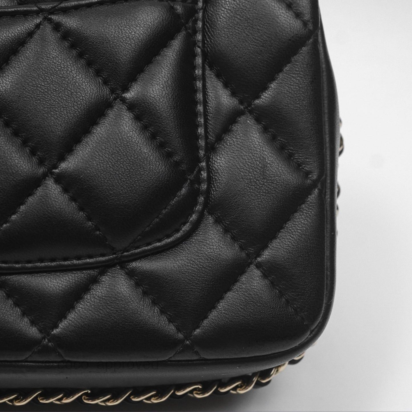Chanel Logo Pearl Chain Flap Bag Black Lambskin Gold Hardware