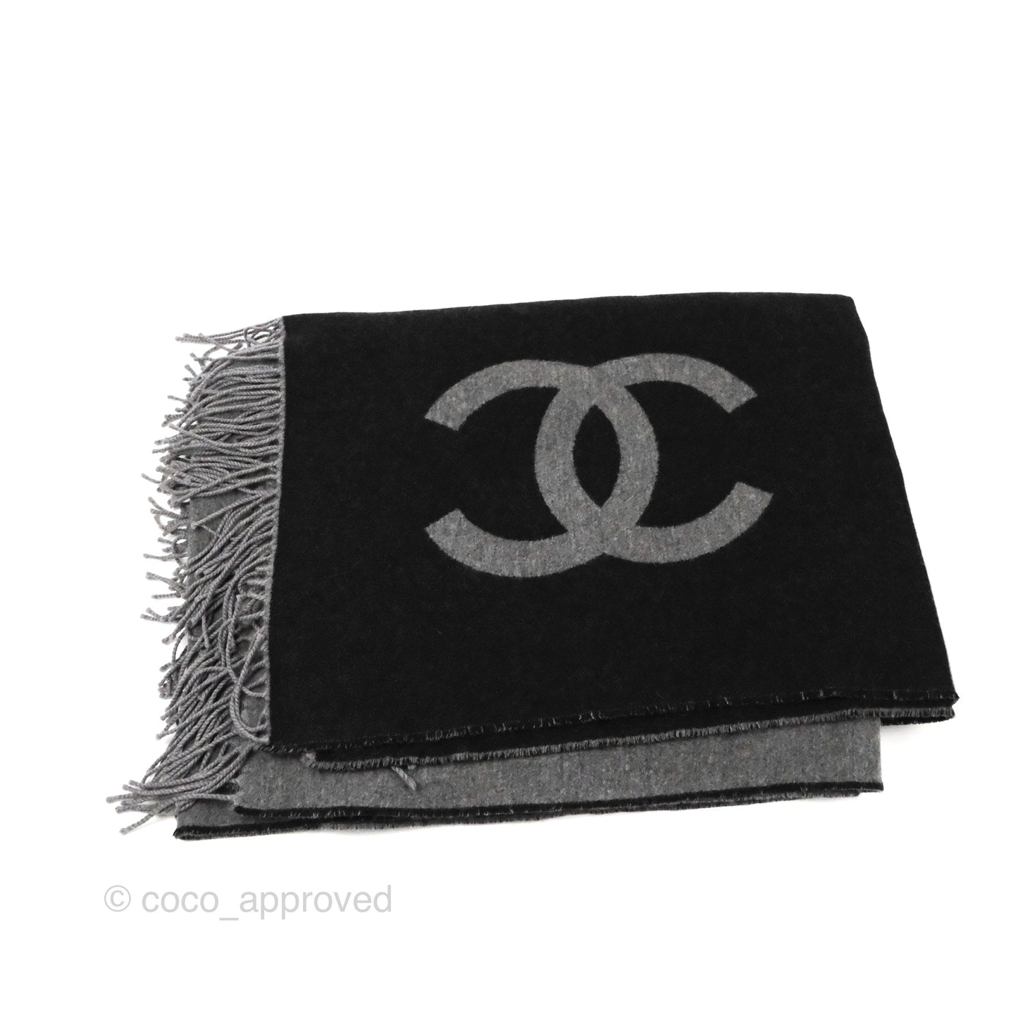 Chanel Large Wool Cashmere Shawl Blanket Black & Gray