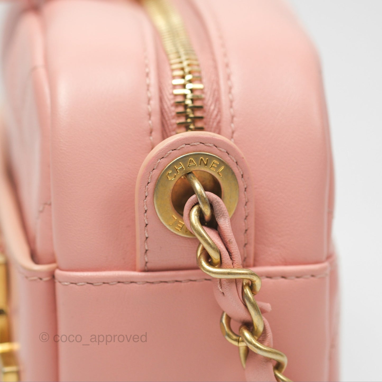 Chanel Logo Enchained Camera Bag Pink Calfskin Aged Gold Hardware