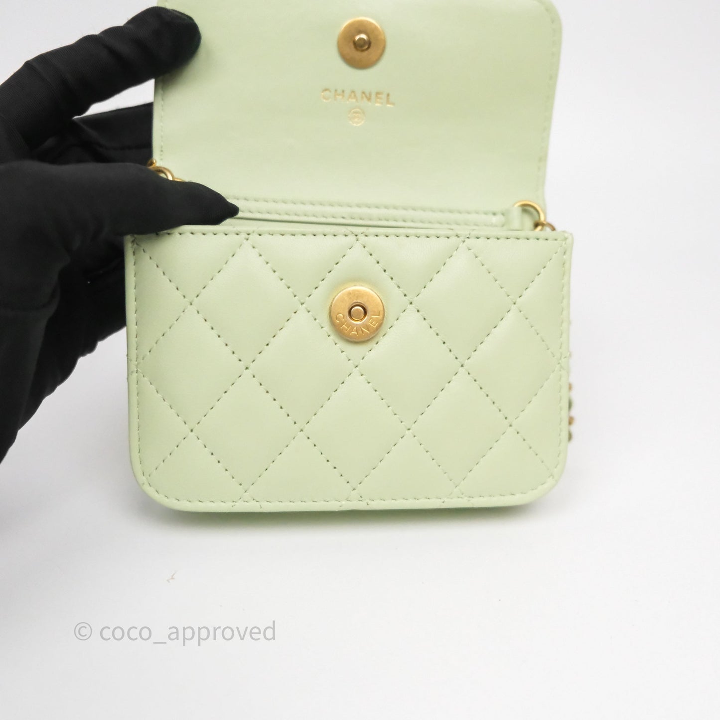 Chanel Pearl Crush Mini Clutch Belt Bag Green Lambskin Aged Gold Hardware