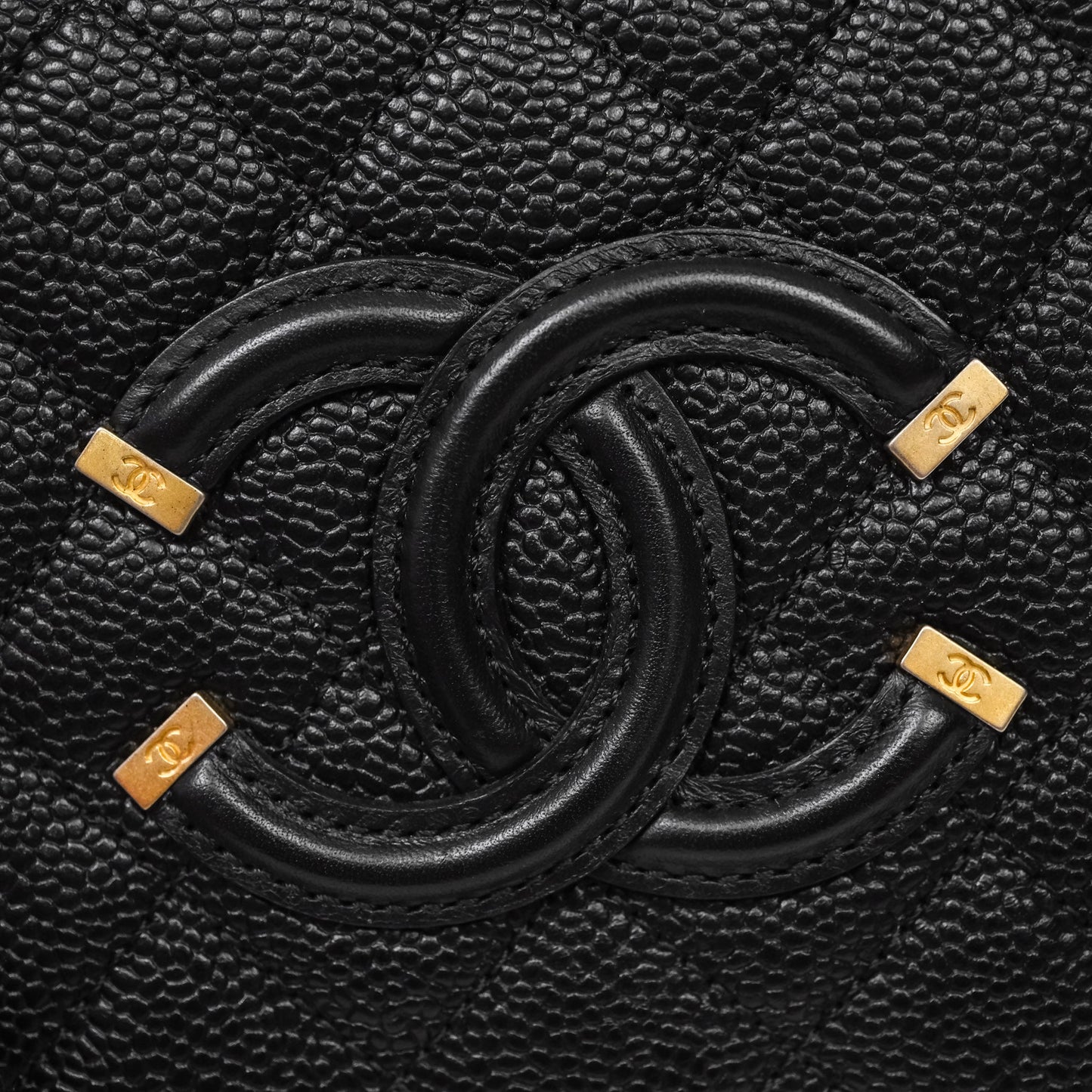 Chanel Quilted Small CC Filigree Vanity Case Black Caviar Aged Gold Hardware