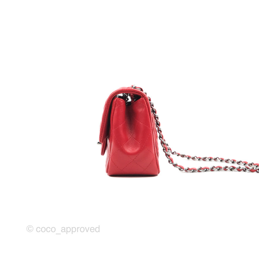 Chanel Quilted Mini Square Red Lambskin Gun Metal