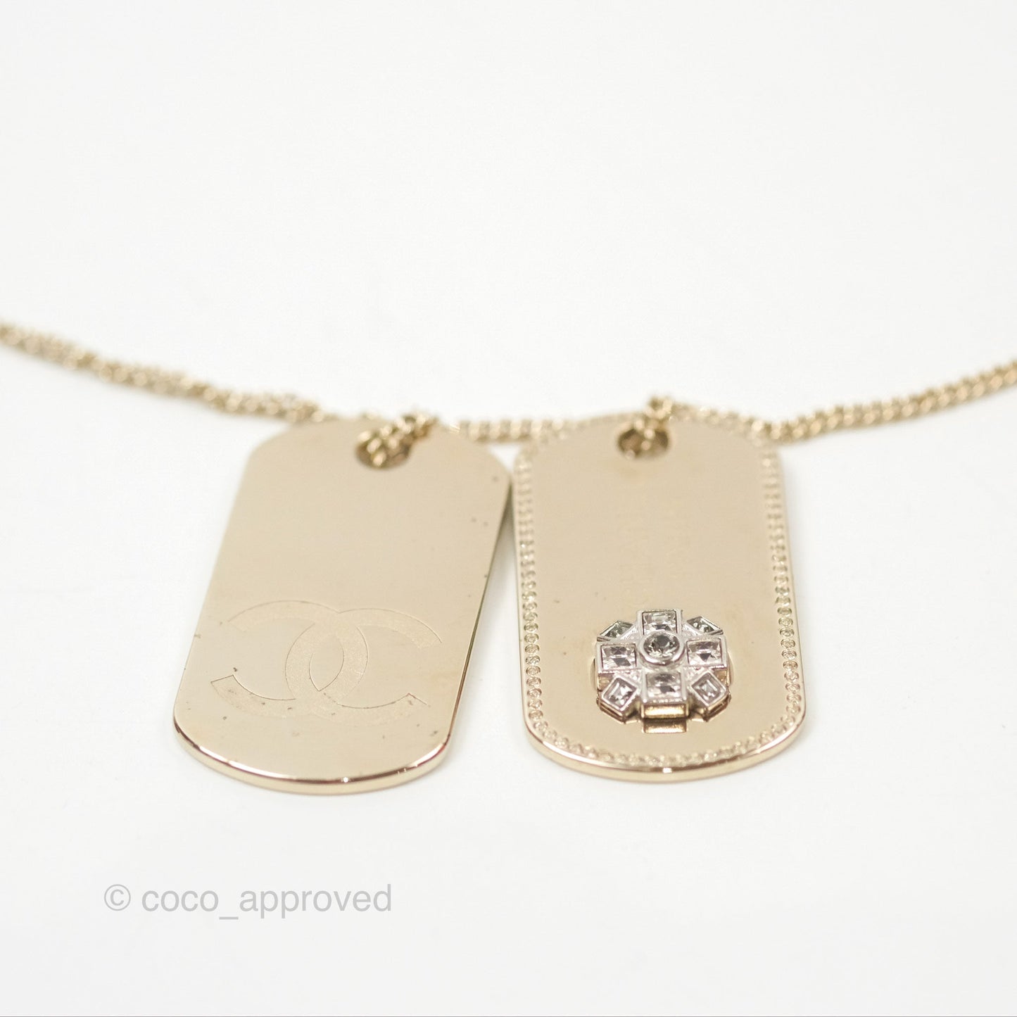 Chanel Dog Tag Charm Crystal Necklace Gold Tone 20P