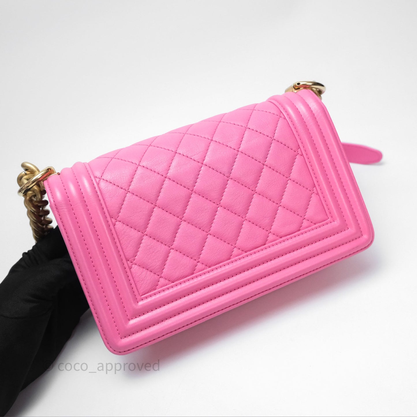 Chanel Small Boy Pink Calfskin Aged Gold Hardware