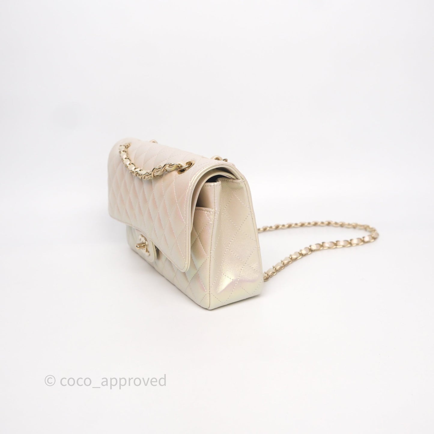 Chanel Classic Medium Double Flap Iridescent Beige Gold Hardware 21S