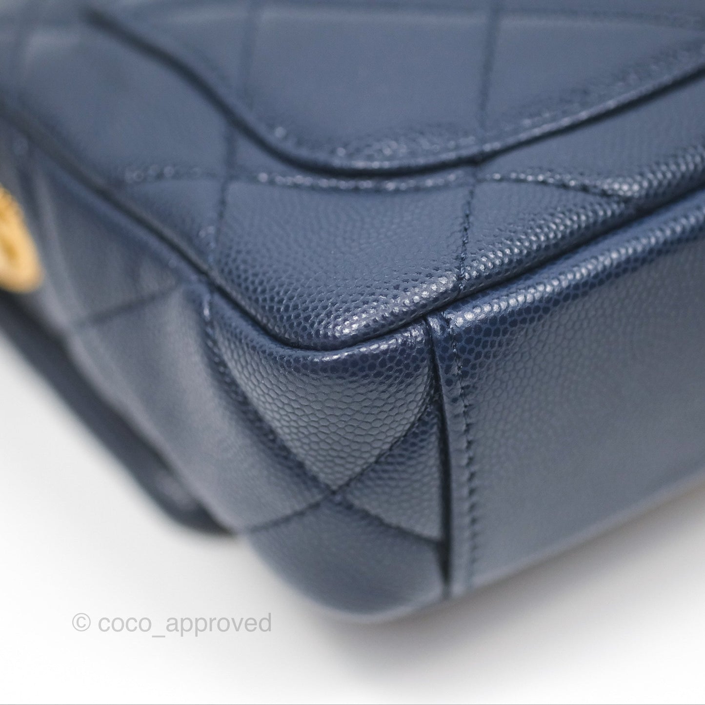 Chanel Mini Flap with Coin Charm Navy Caviar Aged Gold Hardware 22A