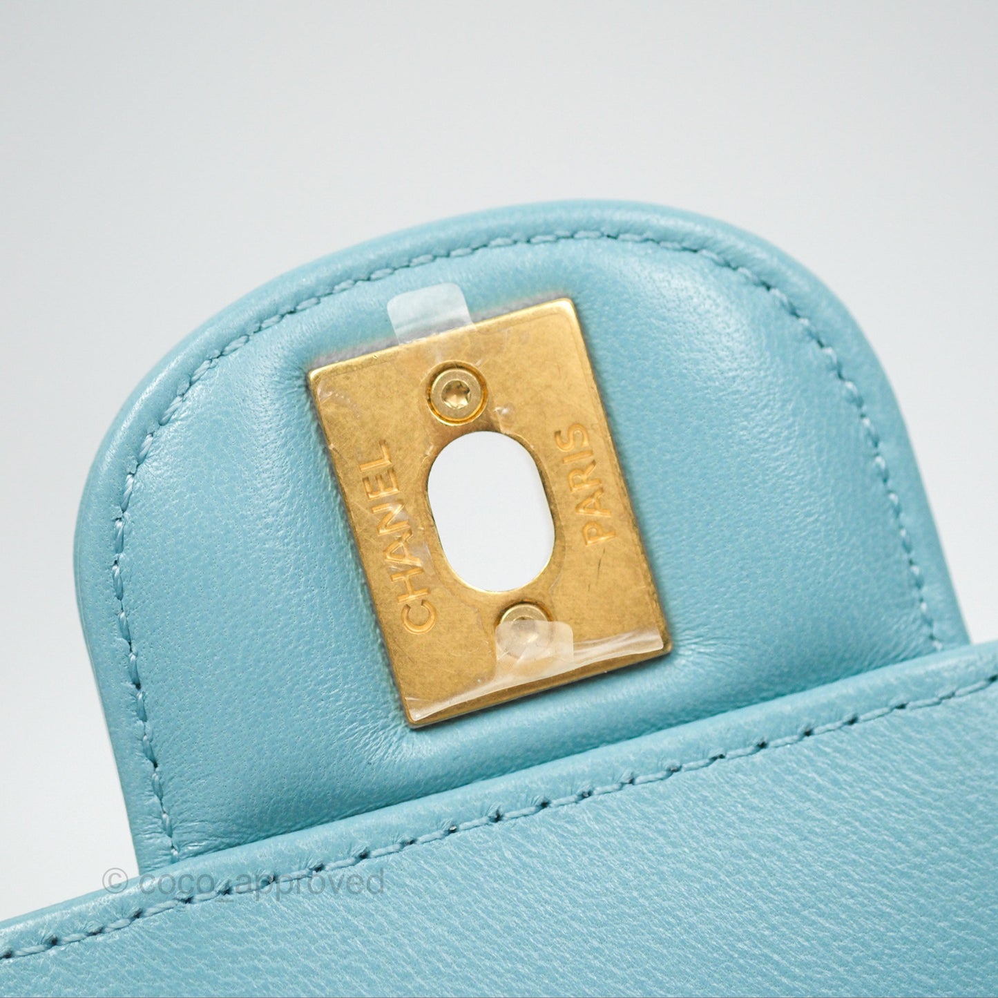 Chanel Flap Bag with Crystal Logo Top Handle Tiffany Blue Lambskin Aged Gold Hardware