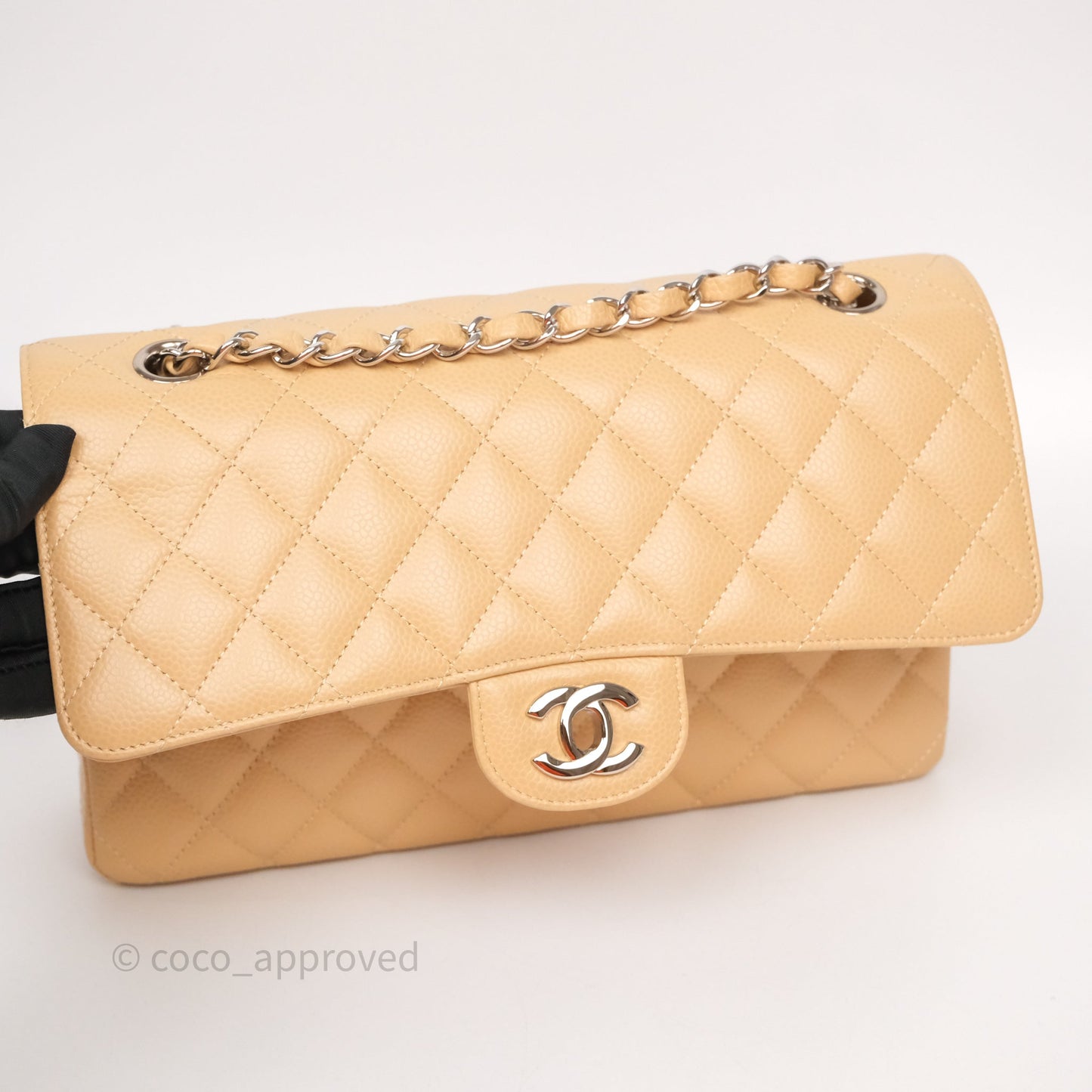 Chanel Classic M/L Medium Flap Quilted Beige Caviar Silver Hardware