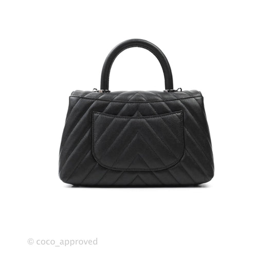 Chanel Mini (Small) Coco Handle Chevron Black Caviar Gun Metal Hardware