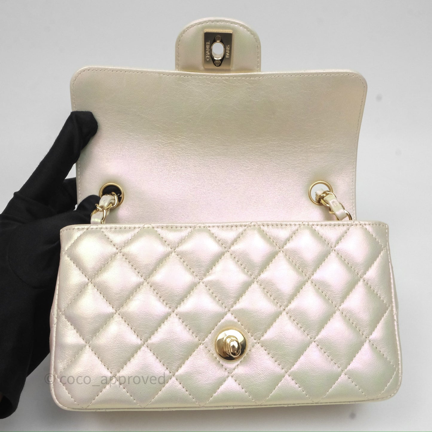 Chanel Mini Rectangular Quilted Iridescent Ivory Lambskin Gold Hardware 20B