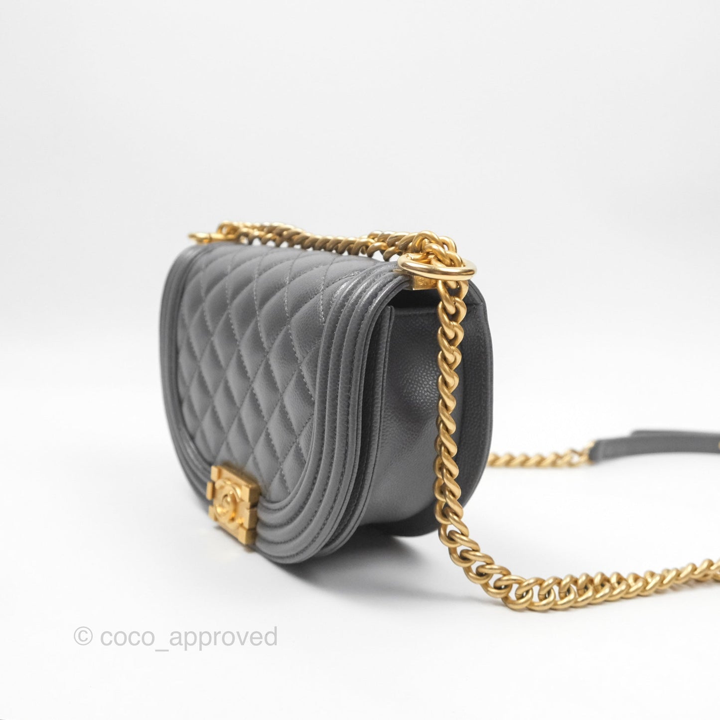 Chanel Boy Messenger Bag Grey Caviar Aged Gold Hardware