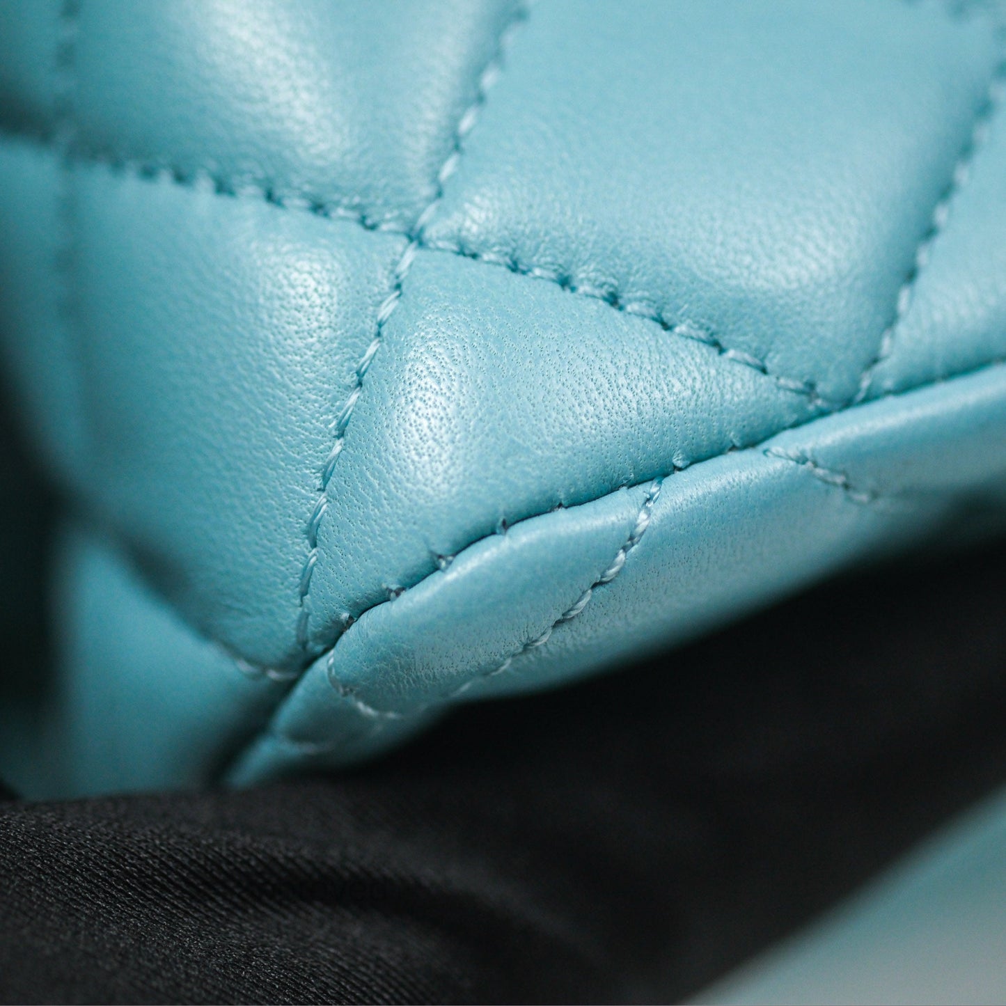 Chanel Flap Bag with Crystal Logo Top Handle Tiffany Blue Lambskin Aged Gold Hardware