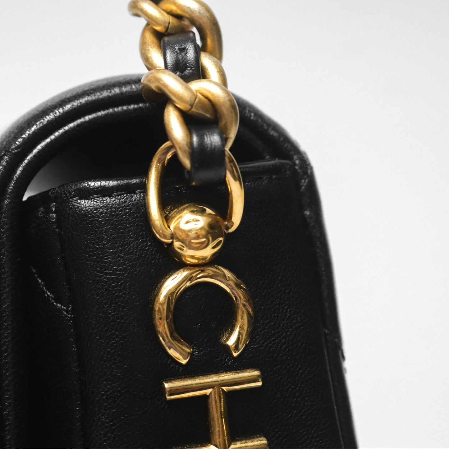Chanel Logo Mini Square Flap Bag Black Lambskin Aged Gold Hardware 21B