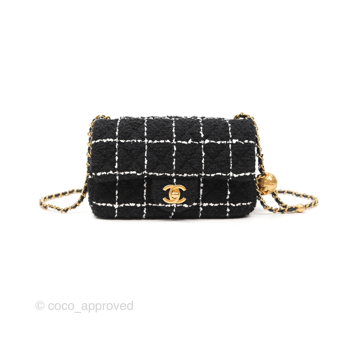 Chanel Mini Rectangular Pearl Crush Tweed Black White Grid Aged Gold Hardware