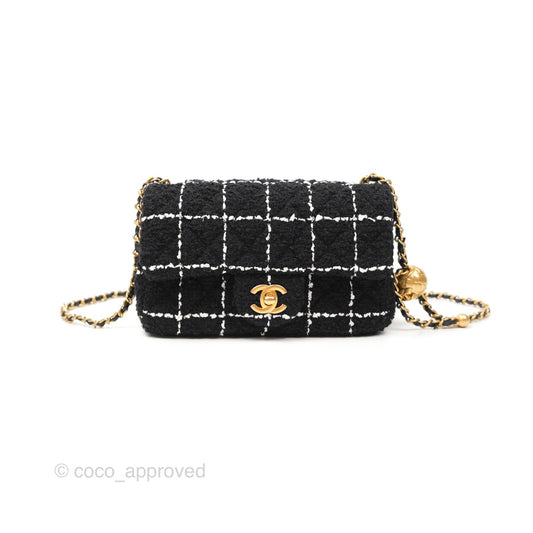 Chanel Mini Rectangular Pearl Crush Tweed Black White Grid Aged Gold Hardware