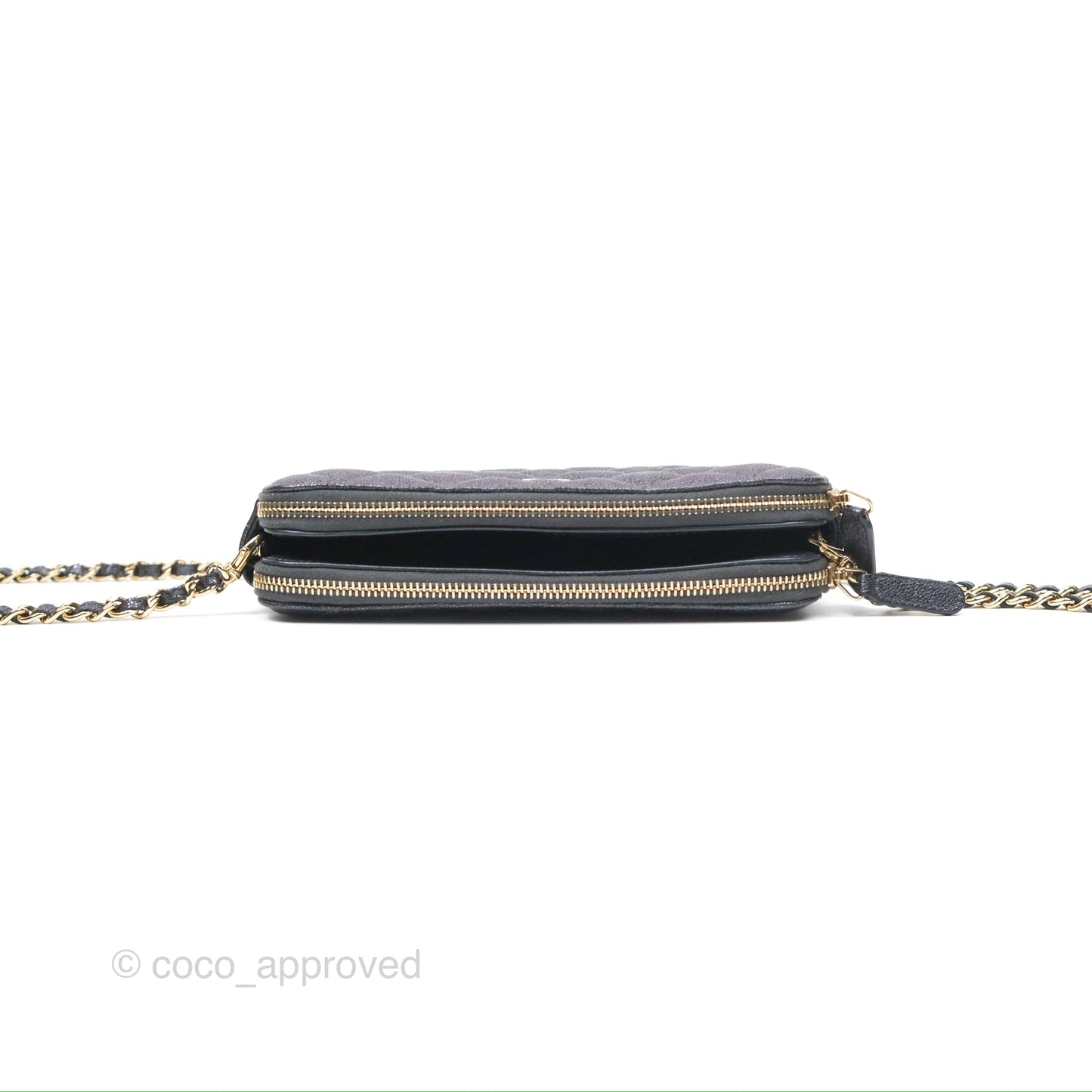 Chanel Quilted Zip Clutch With Chain Iridescent Dark Grey Caviar Gold Hardware