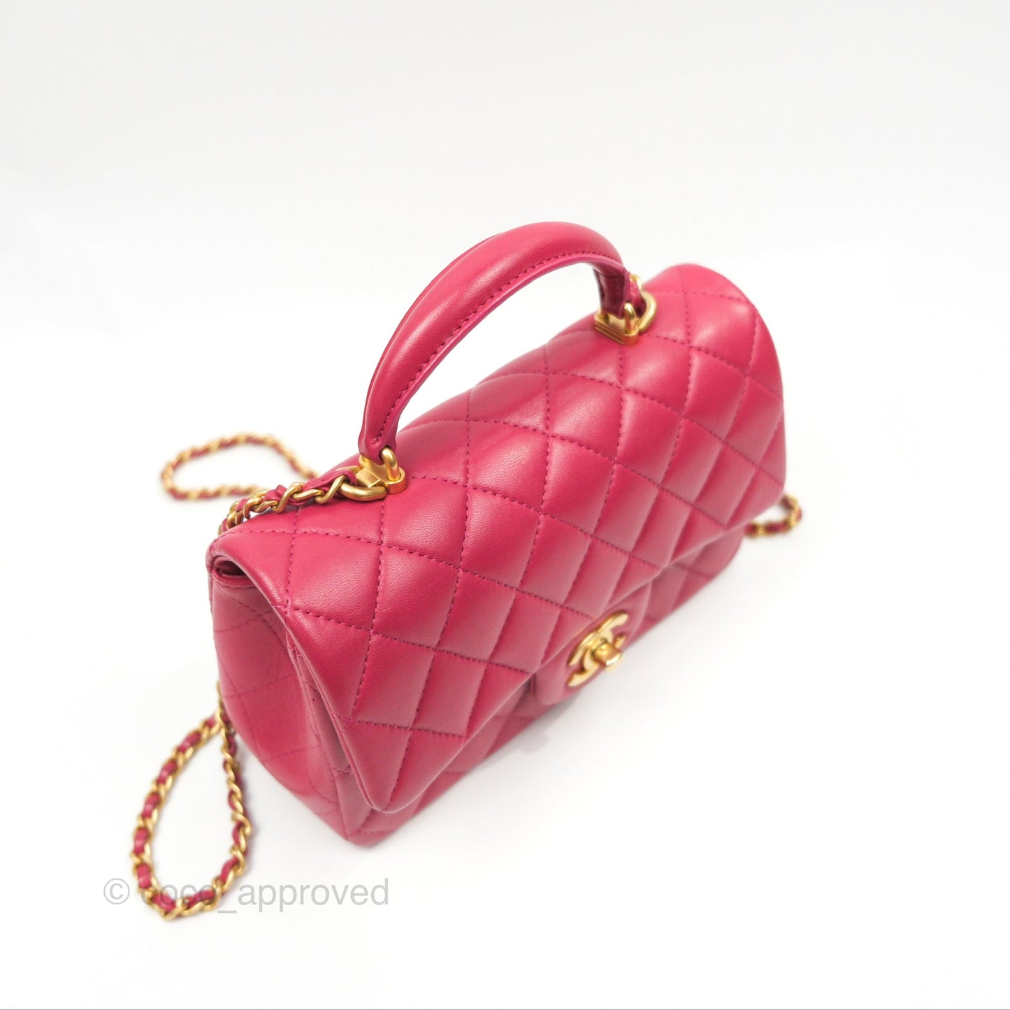 Chanel Top Handle Mini Rectangular Flap Bag Berry Red Lambskin Aged Gold Hardware